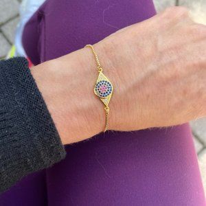 Evil Eye Bracelet Adjustable Sizing Gold Pave Lucky Charm Protection NEW w Tags
